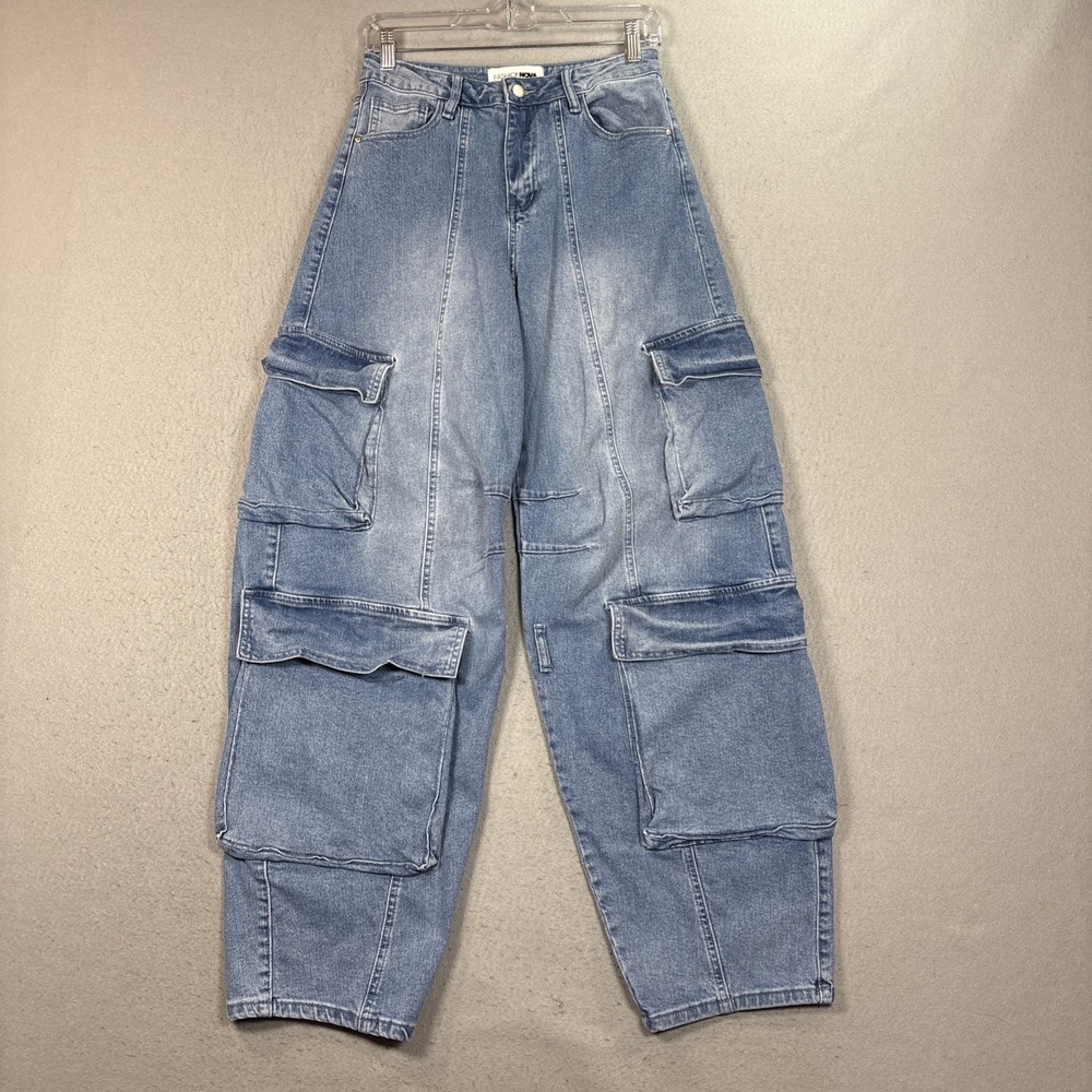 Fashion Nova Cargo Wide-Barrel Leg Jeans Juniors 9 Blue High Rise Relaxed